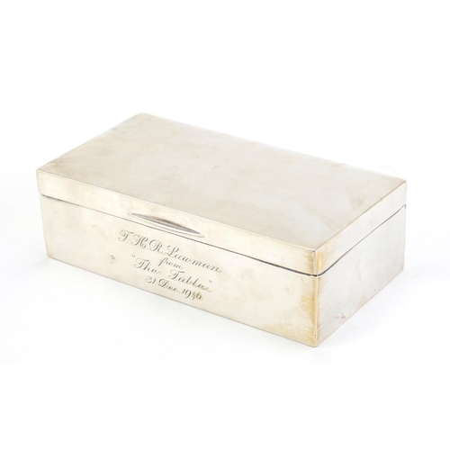 97 - Rectangular silver cigar box with hinged lid, by John Rose Birmingham 1946, retailed by Bravingtons ... 