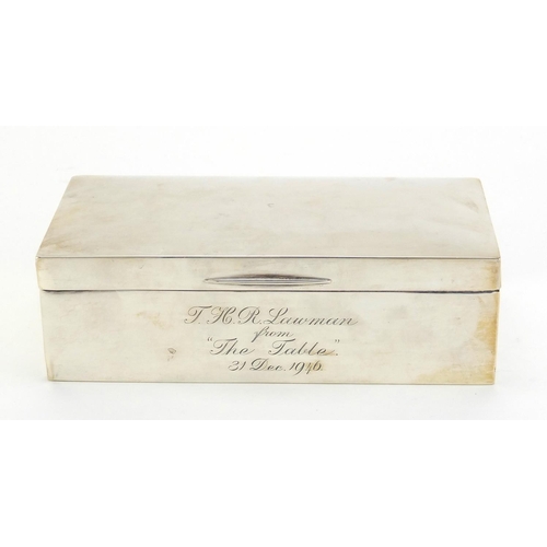 97 - Rectangular silver cigar box with hinged lid, by John Rose Birmingham 1946, retailed by Bravingtons ... 