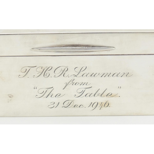 97 - Rectangular silver cigar box with hinged lid, by John Rose Birmingham 1946, retailed by Bravingtons ... 