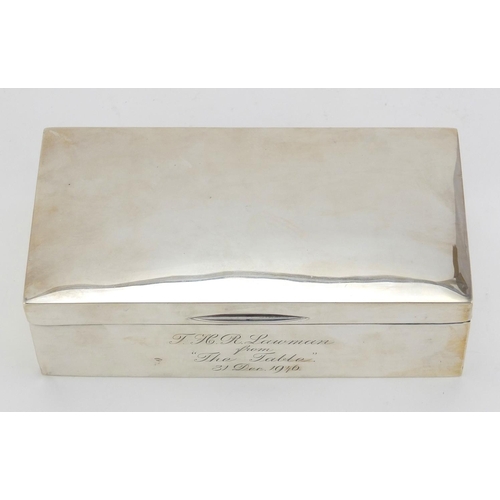 97 - Rectangular silver cigar box with hinged lid, by John Rose Birmingham 1946, retailed by Bravingtons ... 