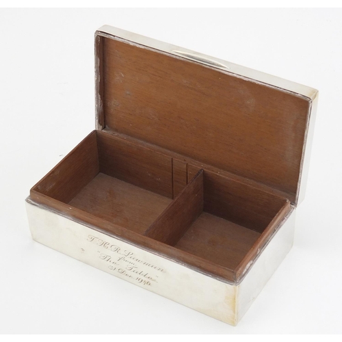 97 - Rectangular silver cigar box with hinged lid, by John Rose Birmingham 1946, retailed by Bravingtons ... 