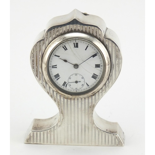 96 - Edwardian miniature silver desk clock with engine turned decoration by Joseph Gloster Ltd, Birmingha... 