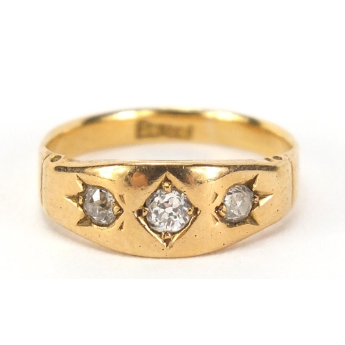 155 - 18ct gold diamond three stone Gypsy ring, size M, 3.4g