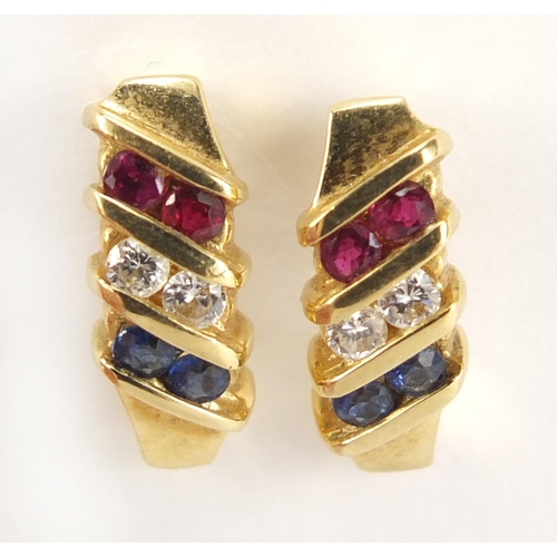 88 - Pair of 18ct gold multi gem earrings, set with diamonds, rubies and sapphires, 1.5cm in length, 4.7g