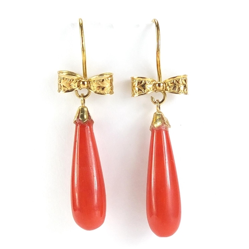 12 - Pair of 18ct gold coral teardrop earrings, 4cm in length, 3.9g