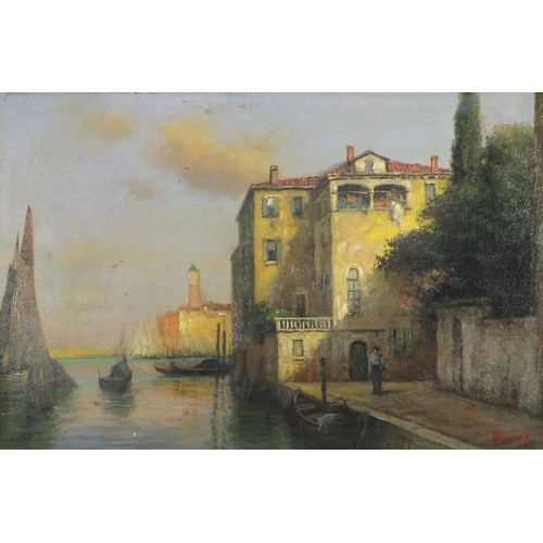 46 - Manner of Antoine Bouvard - Venetian canal, oil onto board, mounted and framed, 59.5cm x 39.5cm