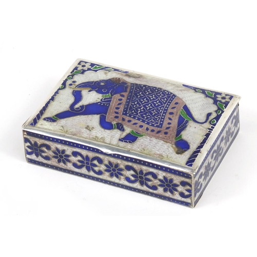 98 - Indian silver and enamel box, the hinged lid enamelled with an elephant, impressed 925 mark to the b... 