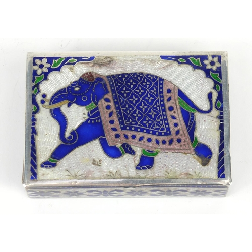 98 - Indian silver and enamel box, the hinged lid enamelled with an elephant, impressed 925 mark to the b... 