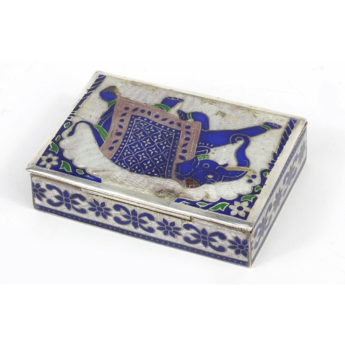 98 - Indian silver and enamel box, the hinged lid enamelled with an elephant, impressed 925 mark to the b... 