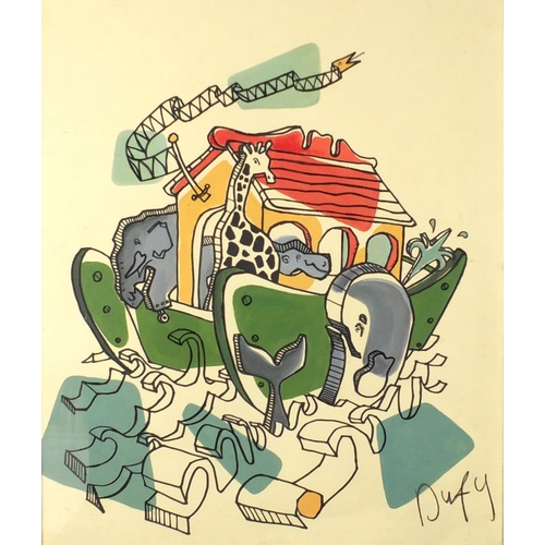 136 - Manner of Raoul Dufy - Abstract composition with animals, watercolour, framed, 52cm x 43.5cm