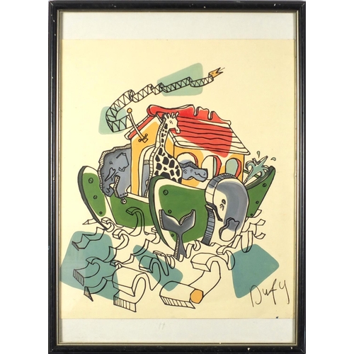 136 - Manner of Raoul Dufy - Abstract composition with animals, watercolour, framed, 52cm x 43.5cm