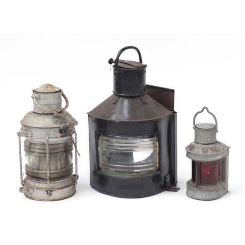21 - Three ship's mast head lanterns including starboard and port, one with Birmingham Engineering compan... 