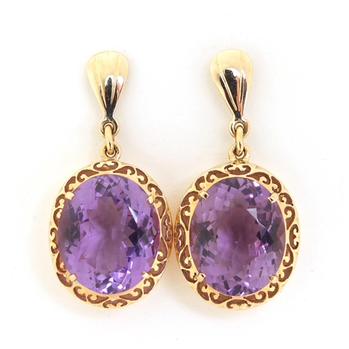 41 - Pair of unmarked gold amethyst earrings, 3.2cm in length, 8.4g