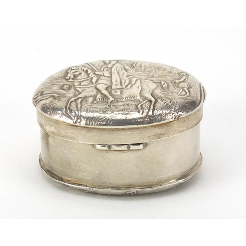 780 - Early 19th century German silver box, the hinged lid embossed with a figure on horseback and Putti, ... 
