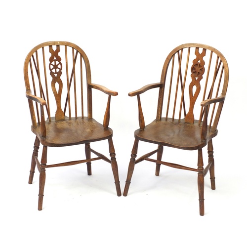 111 - Pair of antique wheel back elbow chairs with elm seats, 98cm high