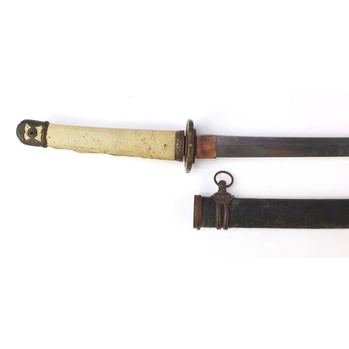 144 - Japanese military interest Samurai sword with scabbard, bronze tsuba, steel blade, engraved characte... 