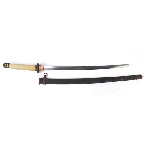 144 - Japanese military interest Samurai sword with scabbard, bronze tsuba, steel blade, engraved characte... 