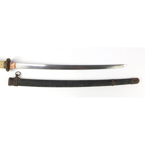 144 - Japanese military interest Samurai sword with scabbard, bronze tsuba, steel blade, engraved characte... 