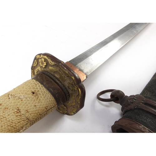 144 - Japanese military interest Samurai sword with scabbard, bronze tsuba, steel blade, engraved characte... 