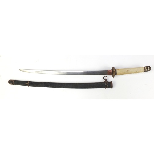 144 - Japanese military interest Samurai sword with scabbard, bronze tsuba, steel blade, engraved characte... 