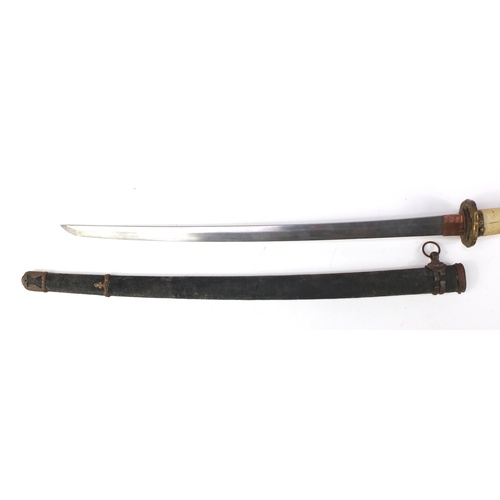 144 - Japanese military interest Samurai sword with scabbard, bronze tsuba, steel blade, engraved characte... 