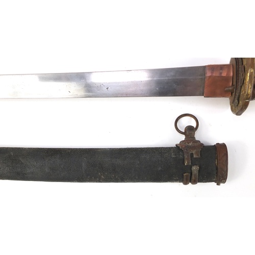 144 - Japanese military interest Samurai sword with scabbard, bronze tsuba, steel blade, engraved characte... 