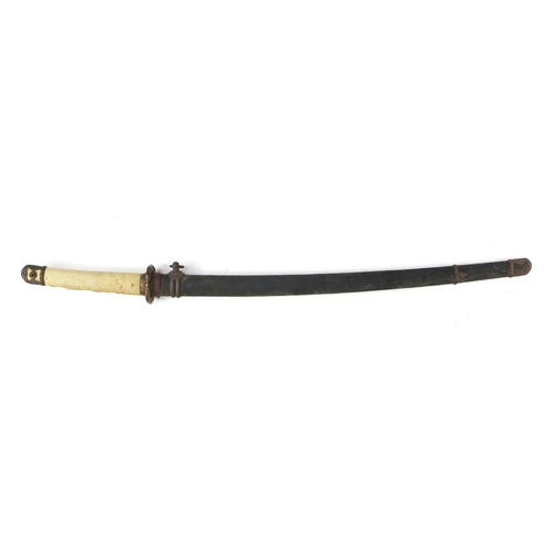 144 - Japanese military interest Samurai sword with scabbard, bronze tsuba, steel blade, engraved characte... 