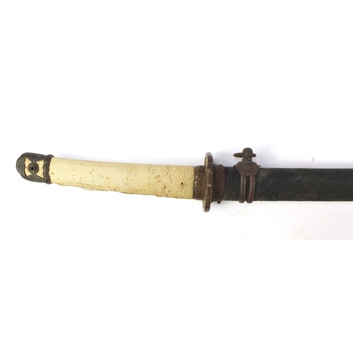 144 - Japanese military interest Samurai sword with scabbard, bronze tsuba, steel blade, engraved characte... 