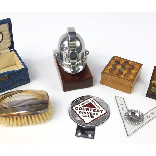 767 - Antique and later miscellaneous objects including a Fireman's helmet car mascot, silver vesta, car b... 