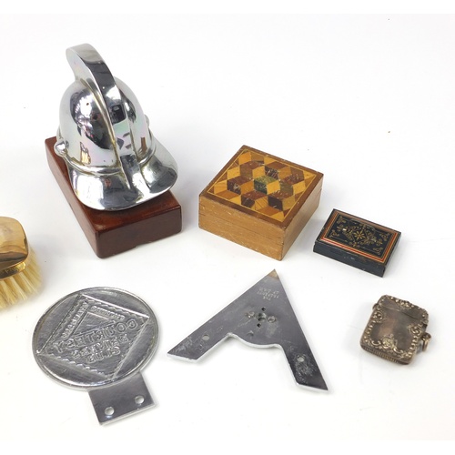 767 - Antique and later miscellaneous objects including a Fireman's helmet car mascot, silver vesta, car b... 