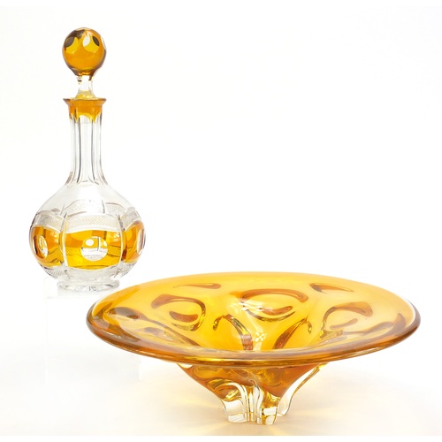 1271 - Bohemian amber flashed cut glass decanter and a similar bowl, 33cm in diameter