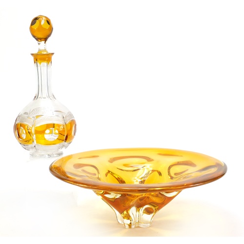 1271 - Bohemian amber flashed cut glass decanter and a similar bowl, 33cm in diameter