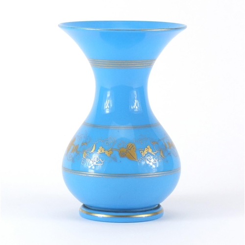 1279 - French Napoleon III blue opaline glass vase, gilded with a band of foliage, 19cm high