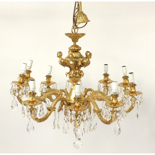 114 - Good classical gilt brass/bronze ten branch chandelier with crystal drops, 78cm in diameter x 60cm h... 