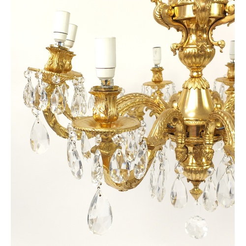 114 - Good classical gilt brass/bronze ten branch chandelier with crystal drops, 78cm in diameter x 60cm h... 