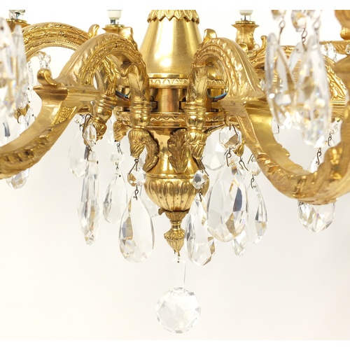 114 - Good classical gilt brass/bronze ten branch chandelier with crystal drops, 78cm in diameter x 60cm h... 