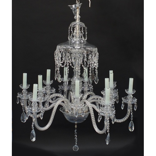 113 - Good cut crystal twelve branch chandelier with drops, possibly Waterford, 130cm high