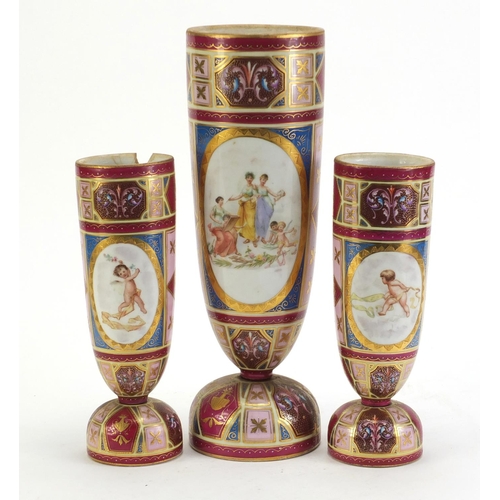 3913 - Garniture of three Austrian Vienna porcelain vases, each hand painted with foliage and decorated wit... 