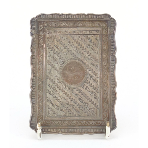 3685 - Victorian silver serpentine shaped card case, engraved with leaves and foliage, by Robert Thornton, ... 