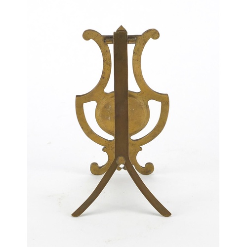 3979 - French brass lyre design easel pocket watch stand with champleve enamel, 13cm high