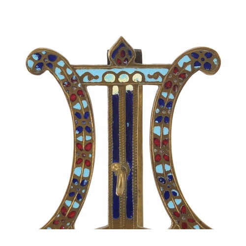 3979 - French brass lyre design easel pocket watch stand with champleve enamel, 13cm high