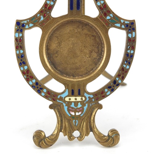 3979 - French brass lyre design easel pocket watch stand with champleve enamel, 13cm high