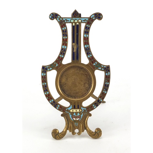 3979 - French brass lyre design easel pocket watch stand with champleve enamel, 13cm high