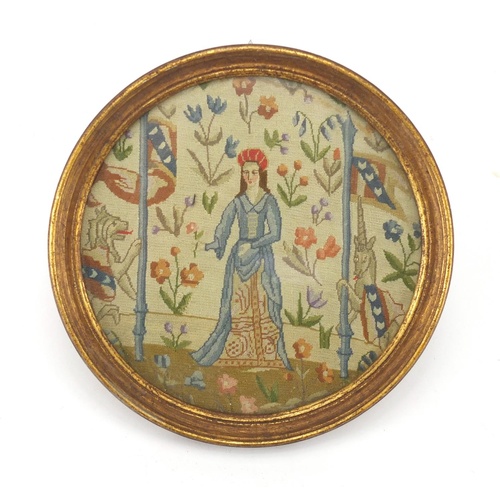 3174 - Pair of circular needlework panels, one of a female, both framed, each 17cm in diameter