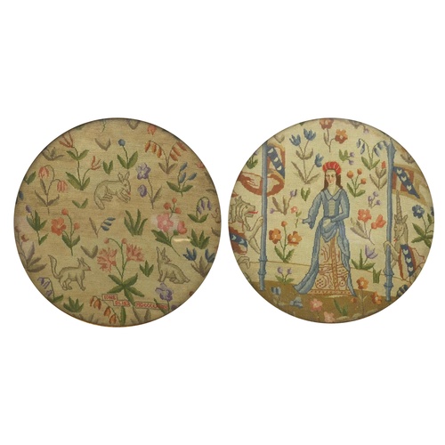 3174 - Pair of circular needlework panels, one of a female, both framed, each 17cm in diameter