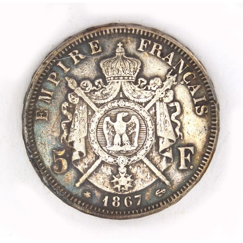 3703 - Napoleon III 1867 five francs, 3.8cm in diameter