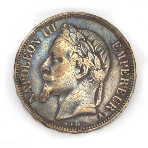 3703 - Napoleon III 1867 five francs, 3.8cm in diameter