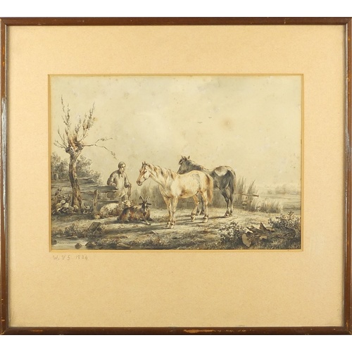 4008 - Cattle and goats, 19th century mixed media, bearing a monogram WVF to the mount, Fine Art Dealers la... 