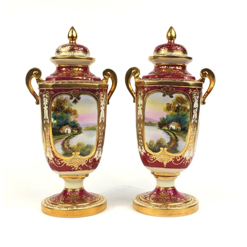 3364 - Pair of Noritake twin handled vases and covers, each hand painted and gilded with landscapes and fol... 