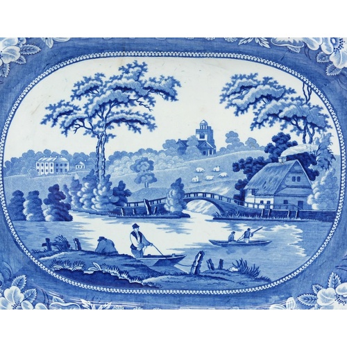 3368 - Victorian blue and white meat platter, printed with figures in a river, 42.5cm wide